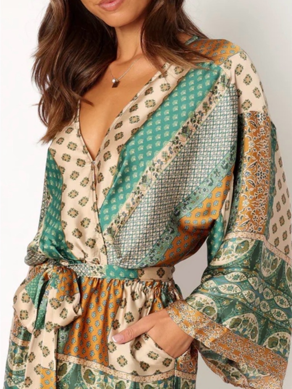 Green & Mustard Patchwork Satin Wrap Romper